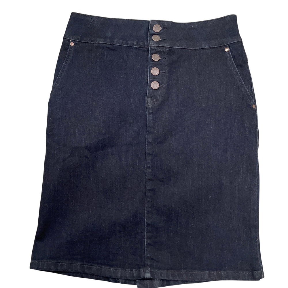 prAna Denim Skirt Womens 4 Dark Blue Pencil High Rise Button Fly Minimalist Eco